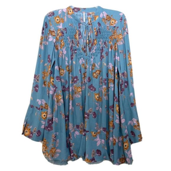 Free People So Fine Pebble Crepe Smocked Floral Tunic Top XS Fairy Cottagecore - Picture 4 of 10